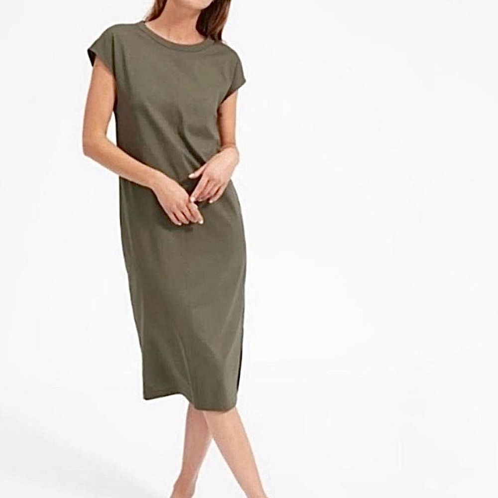Everlane Dress The Luxe Green Shift Midi Olive Green T Shirt Dress Size XXS